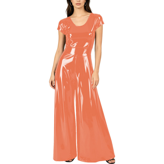 Women's Elegant Round Neck PVC Vinyl Leather Jumpsuit Glossy Fashion Wide Leg Rompers Casual Stylish High Street One-piece Suit