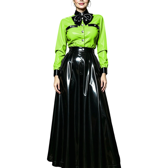 Women PVC Shiny Contrast Color Bow Tie Skirts Suit Glossy Leather Long Sleeve Collared Blouse and Flared Long Skirt Party Outfit