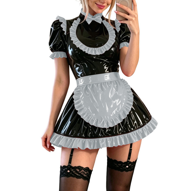 Sissy Glossy PVC Mini Maid Prom Dress Puff Sleeves Ruffle Trim Cocktail Party Cosplay Maid Uniforms Halloween Role Play Outfits
