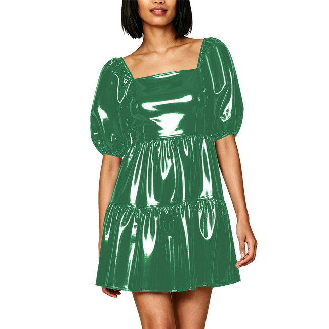 Fashion PVC Vinyl Leather Mini Dresses Square Neck Bubble Sleeve Ruffled Flared Short Dress with Back Zipper Glossy Streetwear