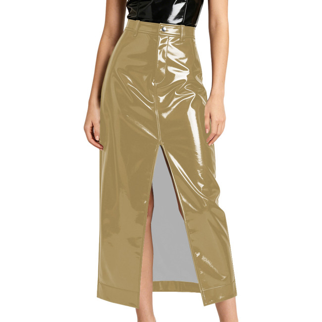Plus Size Lady High Waist Stretch PVC Skirt Sexy Glossy Faux Leather Split Long Pencil Skirt High Street Vintage Straight Skirts