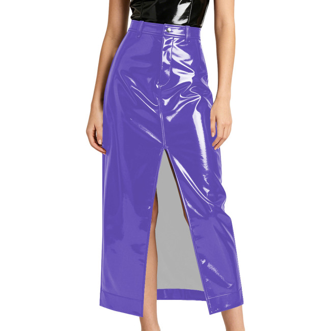 Plus Size Lady High Waist Stretch PVC Skirt Sexy Glossy Faux Leather Split Long Pencil Skirt High Street Vintage Straight Skirts