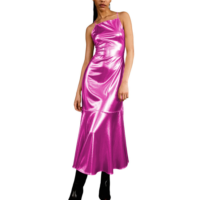 Metallic Shiny Spaghetti Strap Mermaid Party Dresses for Women Summer Sexy Backless Solid Color Mid Slip Dress Female Vestidos