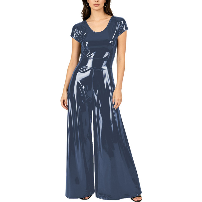 Women's Elegant Round Neck PVC Vinyl Leather Jumpsuit Glossy Fashion Wide Leg Rompers Casual Stylish High Street One-piece Suit
