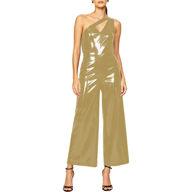 Women Vinyl PVC Leather One Shoulder Jumpsuit Fashion Sleeveless Hollow Cutout Wide Leg Pants Romper Formal Evening Overalls