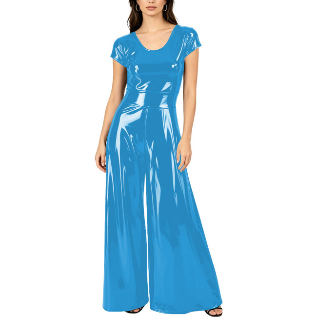 Women's Elegant Round Neck PVC Vinyl Leather Jumpsuit Glossy Fashion Wide Leg Rompers Casual Stylish High Street One-piece Suit
