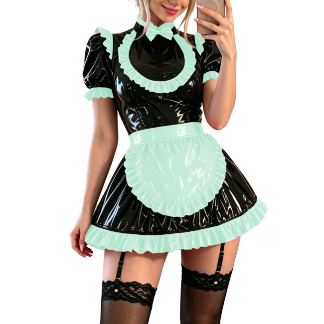 Sissy Glossy PVC Mini Maid Prom Dress Puff Sleeves Ruffle Trim Cocktail Party Cosplay Maid Uniforms Halloween Role Play Outfits