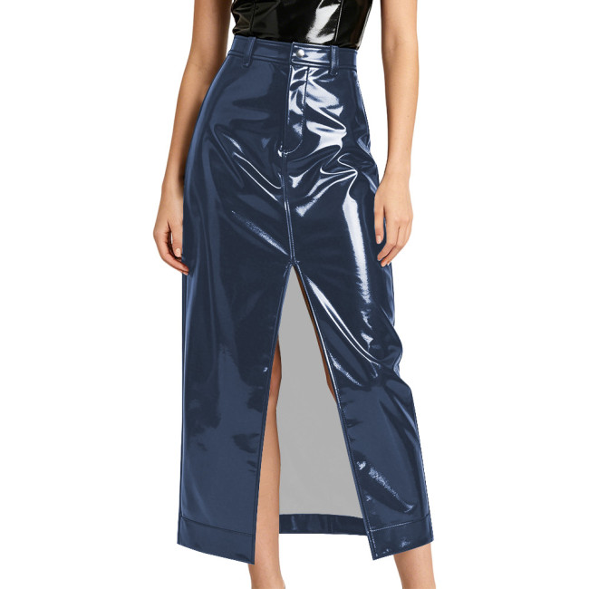 Plus Size Lady High Waist Stretch PVC Skirt Sexy Glossy Faux Leather Split Long Pencil Skirt High Street Vintage Straight Skirts