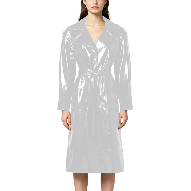 Vinyl PVC Leather Women Lapel Long Trench Coat Glossy High Street Belted Midi Coat Wetlook Long Sleeve Solid Nightclub Outerwear