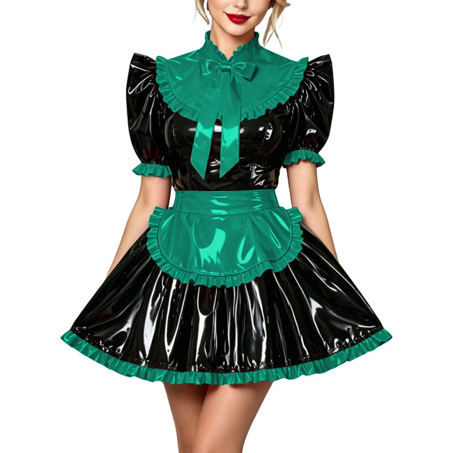 Lockable Crossdressing Maid Uniform PVC Vinyl Leather Short Sleeve Bowtie Mini Dress with Apron Lolita Cosplay Role Play Costume