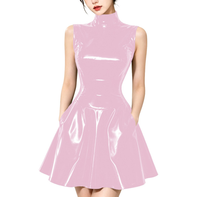 Sexy PVC Shiny Sleeveless High Neck Skater Dress Women Glossy Patent Leather Pockets Flared Mini Dress Club Party Stage Outfit