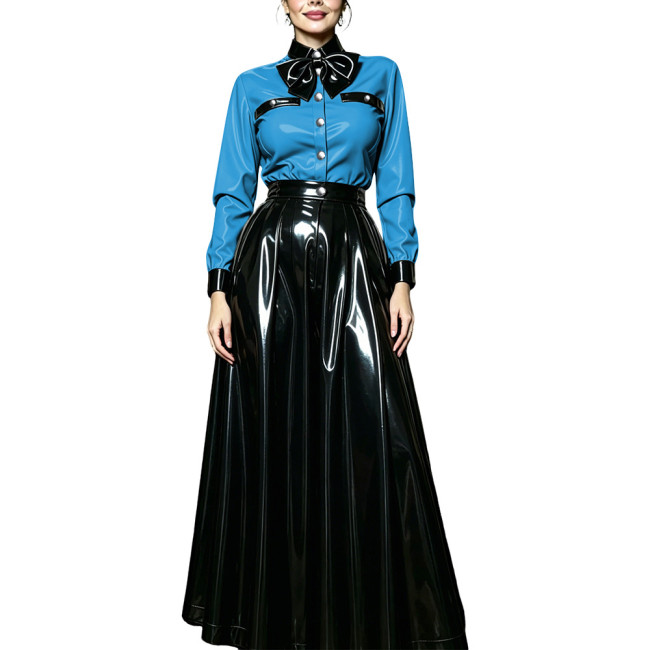 Women PVC Shiny Contrast Color Bow Tie Skirts Suit Glossy Leather Long Sleeve Collared Blouse and Flared Long Skirt Party Outfit