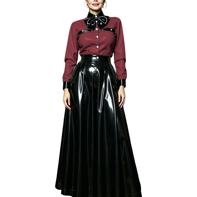 Women PVC Shiny Contrast Color Bow Tie Skirts Suit Glossy Leather Long Sleeve Collared Blouse and Flared Long Skirt Party Outfit