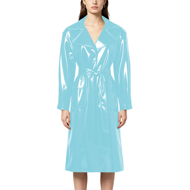 Vinyl PVC Leather Women Lapel Long Trench Coat Glossy High Street Belted Midi Coat Wetlook Long Sleeve Solid Nightclub Outerwear