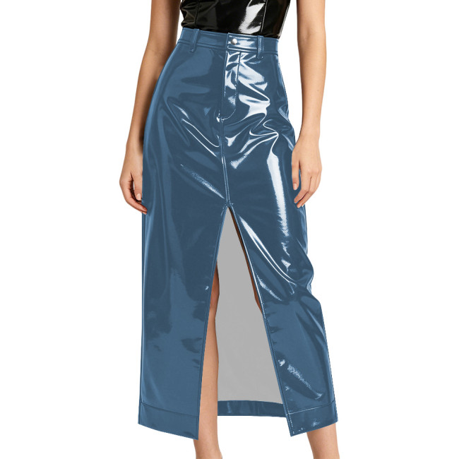 Plus Size Lady High Waist Stretch PVC Skirt Sexy Glossy Faux Leather Split Long Pencil Skirt High Street Vintage Straight Skirts