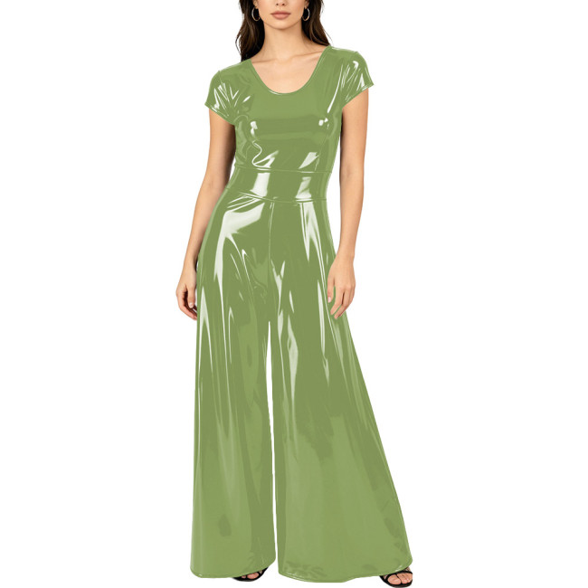 Women's Elegant Round Neck PVC Vinyl Leather Jumpsuit Glossy Fashion Wide Leg Rompers Casual Stylish High Street One-piece Suit