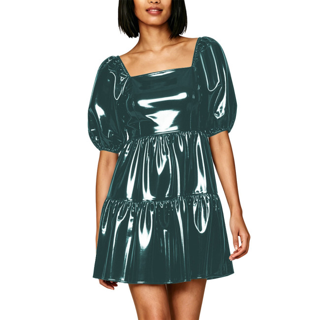 Fashion PVC Vinyl Leather Mini Dresses Square Neck Bubble Sleeve Ruffled Flared Short Dress with Back Zipper Glossy Streetwear