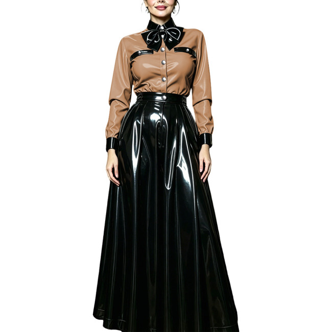 Women PVC Shiny Contrast Color Bow Tie Skirts Suit Glossy Leather Long Sleeve Collared Blouse and Flared Long Skirt Party Outfit