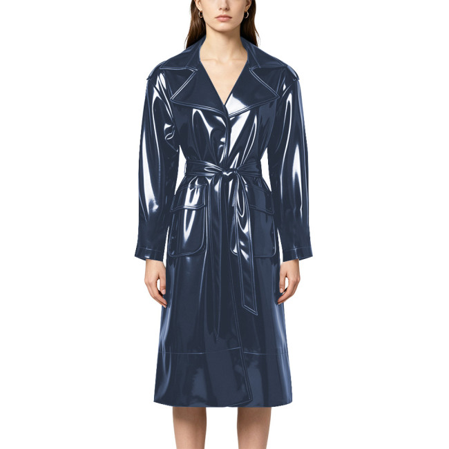 Vinyl PVC Leather Women Lapel Long Trench Coat Glossy High Street Belted Midi Coat Wetlook Long Sleeve Solid Nightclub Outerwear