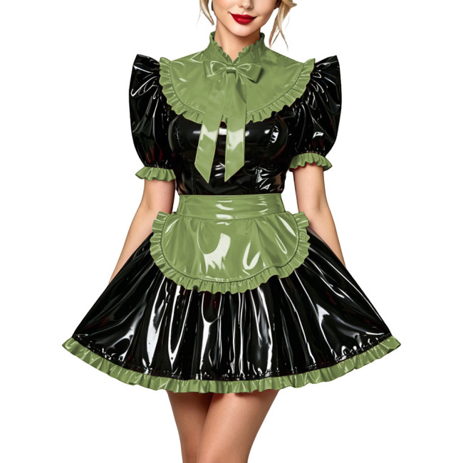 Lockable Crossdressing Maid Uniform PVC Vinyl Leather Short Sleeve Bowtie Mini Dress with Apron Lolita Cosplay Role Play Costume
