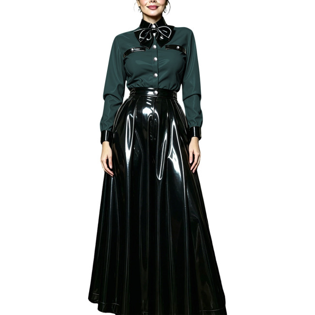 Women PVC Shiny Contrast Color Bow Tie Skirts Suit Glossy Leather Long Sleeve Collared Blouse and Flared Long Skirt Party Outfit
