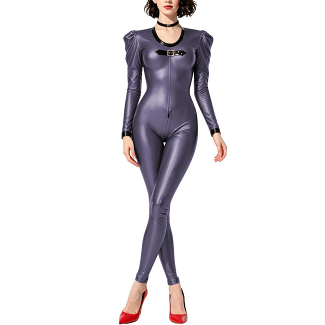 Party Slim Long Sleeve Wet Look PVC Catsuit Shiny Faux Leather Zipper Open Crotch Bodysuit Cosplay Tight Sexy Stretch Leotard