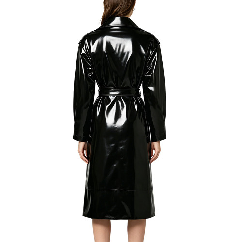 Vinyl PVC Leather Women Lapel Long Trench Coat Glossy High Street Belted Midi Coat Wetlook Long Sleeve Solid Nightclub Outerwear