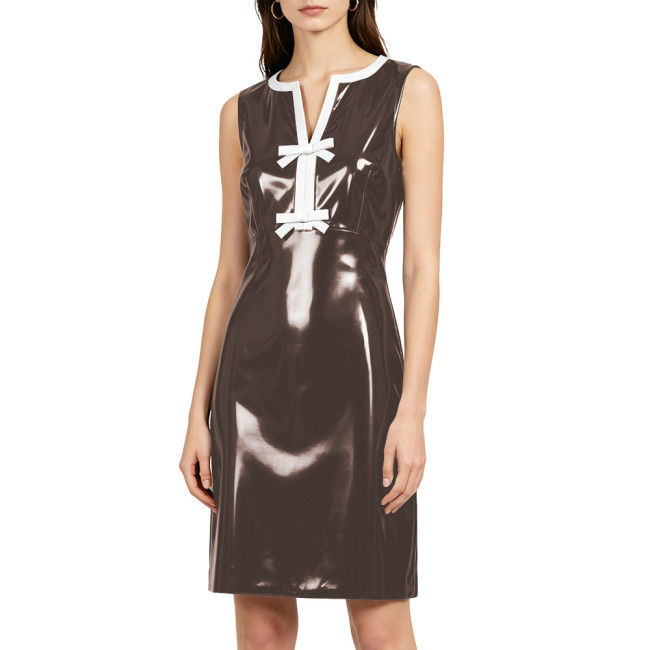 Women Shiny PVC Sleeveless Pencil Dress White Contrast V Neck Glossy Faux Leather Bodycon Short Dress Evening Party Club Costume