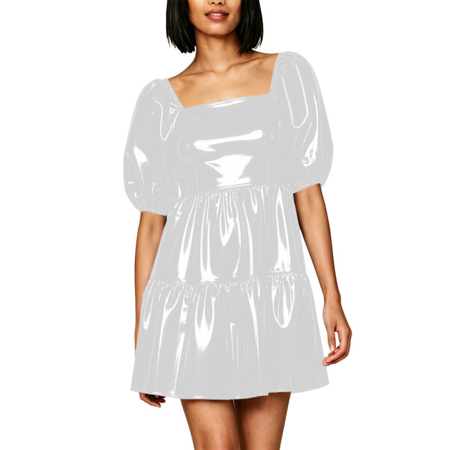 Fashion PVC Vinyl Leather Mini Dresses Square Neck Bubble Sleeve Ruffled Flared Short Dress with Back Zipper Glossy Streetwear