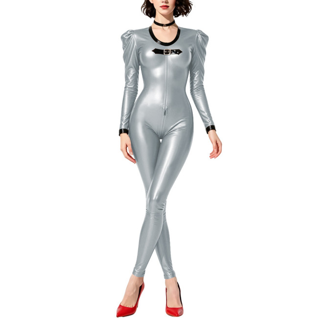 Party Slim Long Sleeve Wet Look PVC Catsuit Shiny Faux Leather Zipper Open Crotch Bodysuit Cosplay Tight Sexy Stretch Leotard