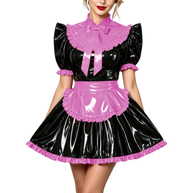 Lockable Crossdressing Maid Uniform PVC Vinyl Leather Short Sleeve Bowtie Mini Dress with Apron Lolita Cosplay Role Play Costume