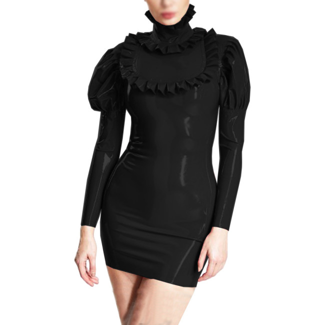 Elegant Faux PVC Leather Bubble Sleeve Mini Dress Sexy Turtleneck Frills Party Dress Nightclub Slim Bodycon Pencil Dress Vestido