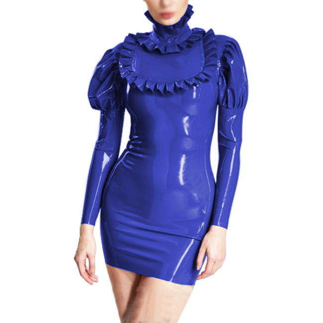 Elegant Faux PVC Leather Bubble Sleeve Mini Dress Sexy Turtleneck Frills Party Dress Nightclub Slim Bodycon Pencil Dress Vestido