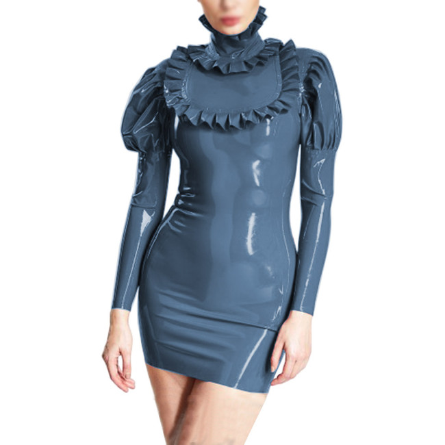 Elegant Faux PVC Leather Bubble Sleeve Mini Dress Sexy Turtleneck Frills Party Dress Nightclub Slim Bodycon Pencil Dress Vestido