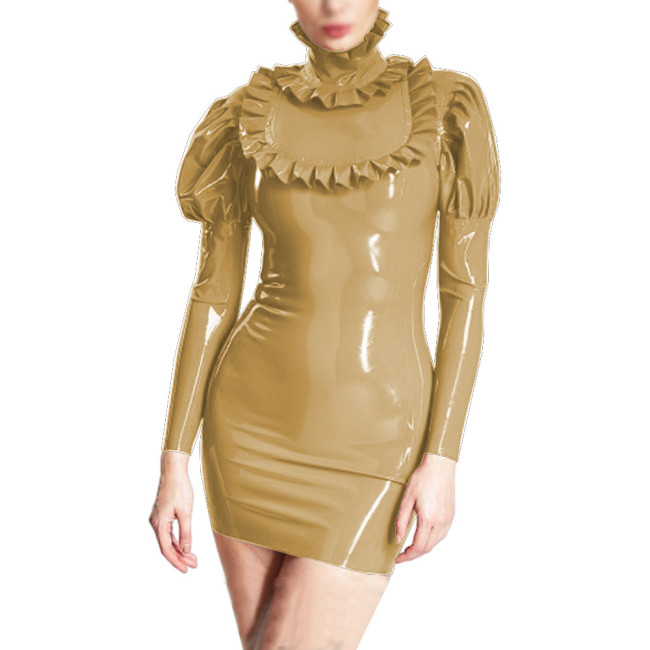 Elegant Faux PVC Leather Bubble Sleeve Mini Dress Sexy Turtleneck Frills Party Dress Nightclub Slim Bodycon Pencil Dress Vestido