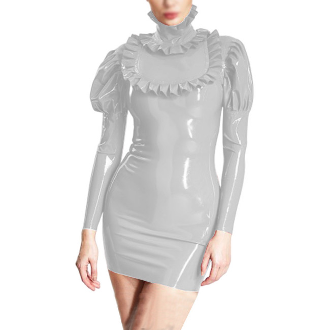 Elegant Faux PVC Leather Bubble Sleeve Mini Dress Sexy Turtleneck Frills Party Dress Nightclub Slim Bodycon Pencil Dress Vestido