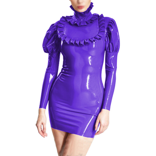 Elegant Faux PVC Leather Bubble Sleeve Mini Dress Sexy Turtleneck Frills Party Dress Nightclub Slim Bodycon Pencil Dress Vestido