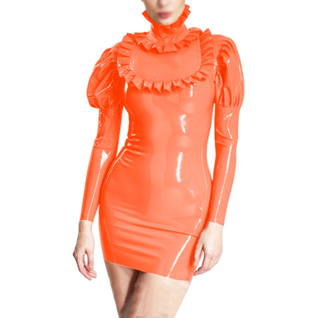 Elegant Faux PVC Leather Bubble Sleeve Mini Dress Sexy Turtleneck Frills Party Dress Nightclub Slim Bodycon Pencil Dress Vestido