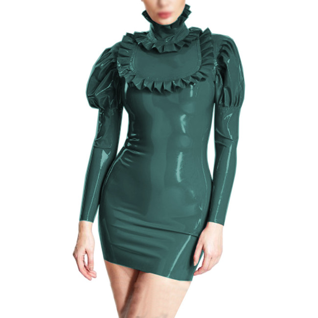 Elegant Faux PVC Leather Bubble Sleeve Mini Dress Sexy Turtleneck Frills Party Dress Nightclub Slim Bodycon Pencil Dress Vestido