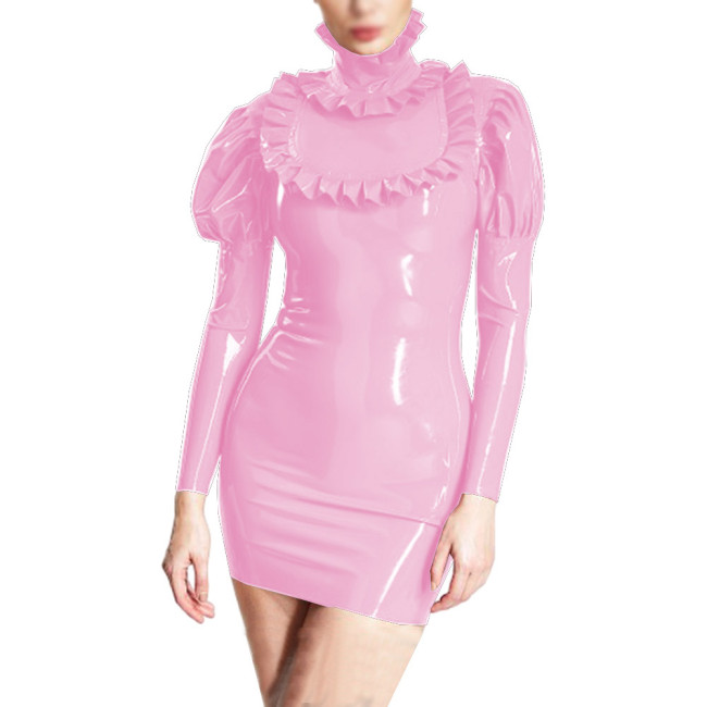 Elegant Faux PVC Leather Bubble Sleeve Mini Dress Sexy Turtleneck Frills Party Dress Nightclub Slim Bodycon Pencil Dress Vestido
