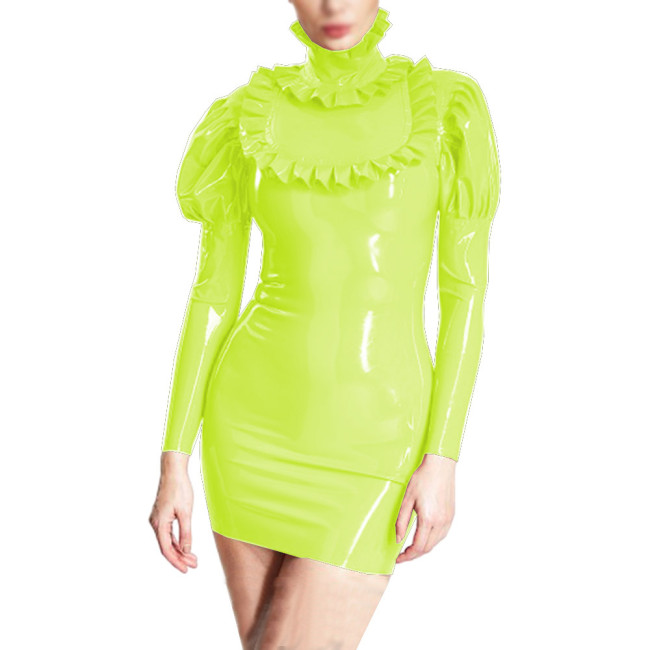 Elegant Faux PVC Leather Bubble Sleeve Mini Dress Sexy Turtleneck Frills Party Dress Nightclub Slim Bodycon Pencil Dress Vestido