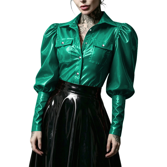 Gothic Punk Glossy PVC Leather Women Shirt Lapel Collar Puff Long Sleeve Button Front Blouse Wet Look Tops for Nightclub Costume