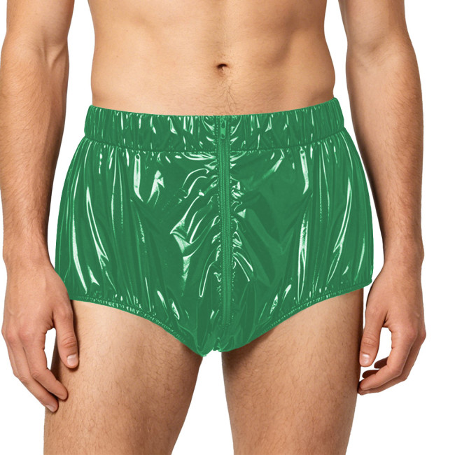 Mens Vinyl PVC Leather Brfiefs Wetlook Diaper Cover Underwear Male Front Zipper Elastic Waistband Panties for Party Club Cosplay