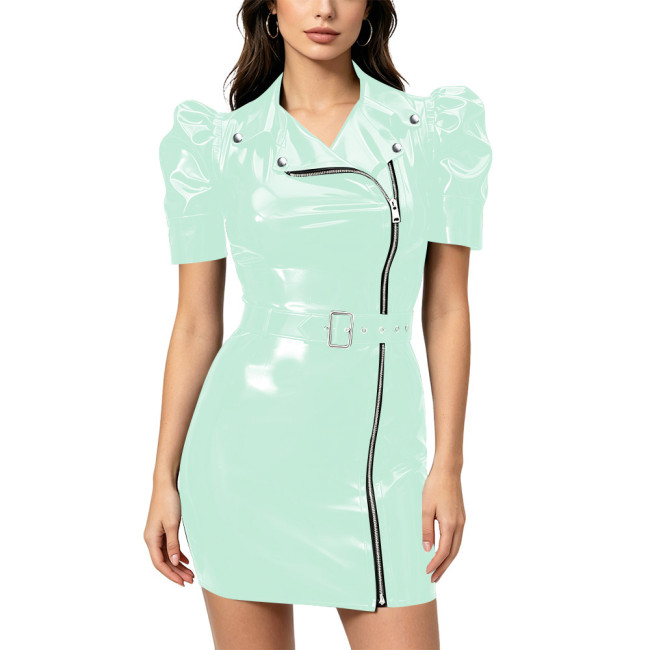 Women Shiny Wetlook PVC Punk Mini Dress Puff Short Sleeve Zipper Front Bodycon Dress with Belt Clubwear Role‑Play Party Outfit