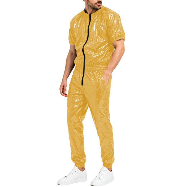 Mens Glossy Faux Leather Romper Club Party Cosplay Shiny Overalls Jumpsuit Zipper Open Crotch Elastic Waist Pockets Pant Catsuit