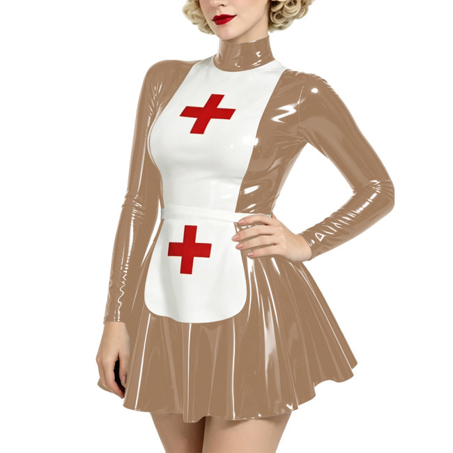 Women Shiny Wetlook PVC Nurse Uniforms Long Sleeve High Neck A-line Mini Dress with Apron Halloween Party Medical Cosplay Outfit