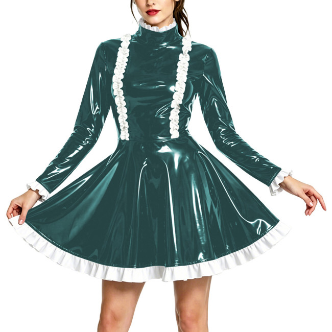 Vintage Long Sleeve Swing Mini Evening Dress PVC Shiny High Neck Ruffles Hem Prom Dress Womens Partywear Mini Short Gown Dresses
