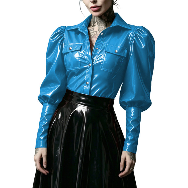 Gothic Punk Glossy PVC Leather Women Shirt Lapel Collar Puff Long Sleeve Button Front Blouse Wet Look Tops for Nightclub Costume