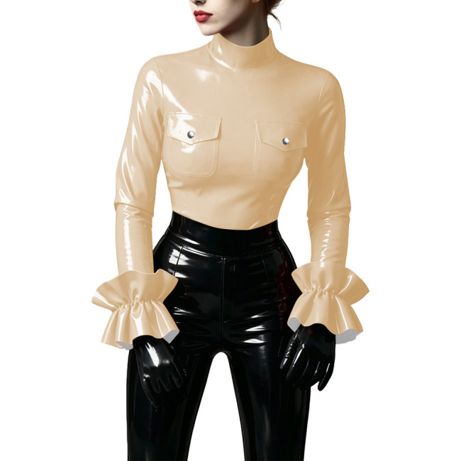 Shiny Turtleneck Ruffles Sleeve Slim PVC Leather Blouses for Women Elegant Pocket All-match Glossy Shirt Lady's Club Casual Tops