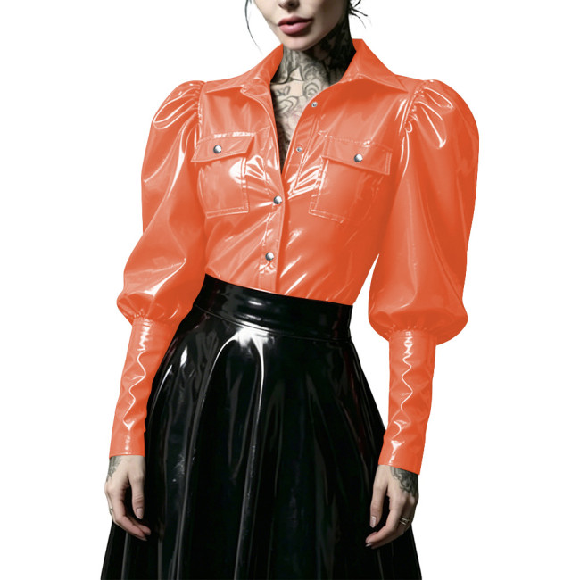 Gothic Punk Glossy PVC Leather Women Shirt Lapel Collar Puff Long Sleeve Button Front Blouse Wet Look Tops for Nightclub Costume